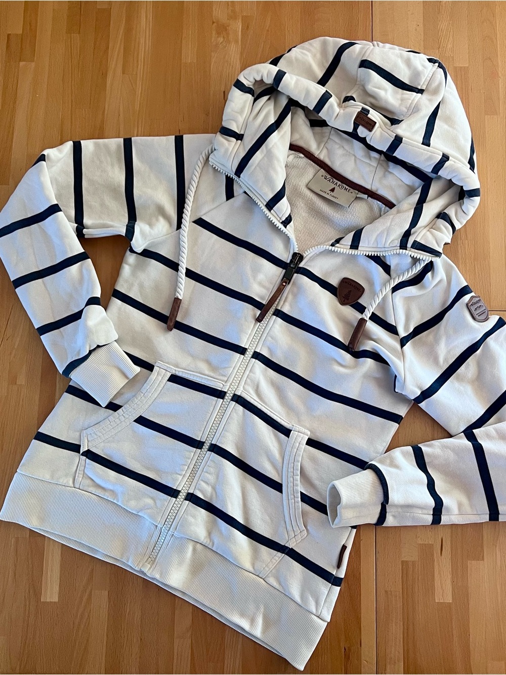 Wanakome White & Navy Striped Kids Zip-Up Hoodie